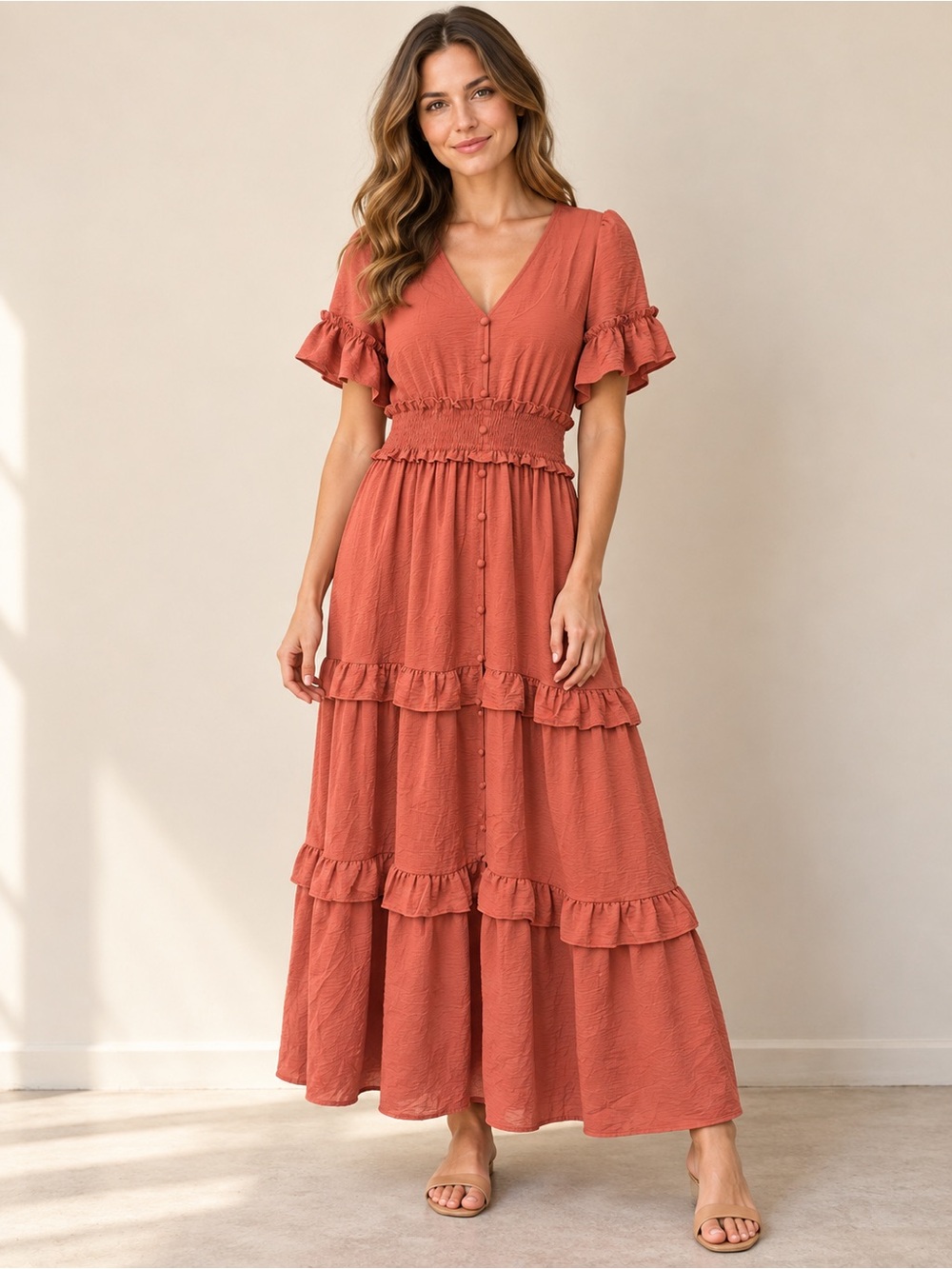Tiered Ruffle Maxi Dress in Rust - Women